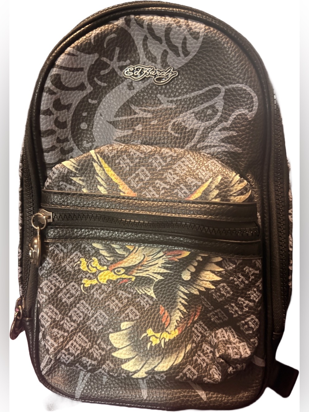 Ed Hardy Black Mini Backpack with Yellow & Red Eagle Graphic